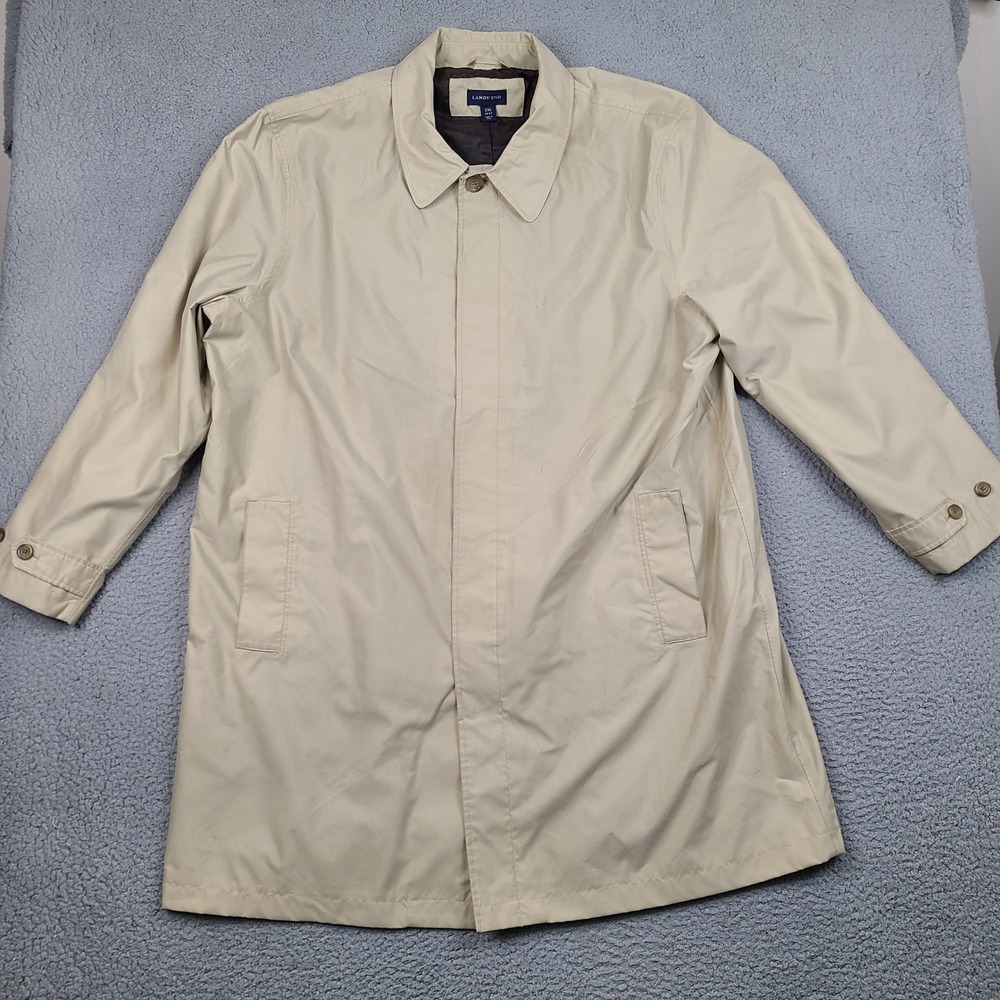 Lands End Rain Trench Coat Mens 2XL Beige Lined Button Single Vent Waterproof